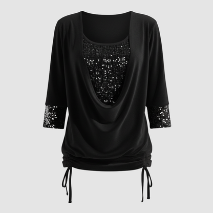 Damen Pailletten Bluse Figurfreundlich Langarm
