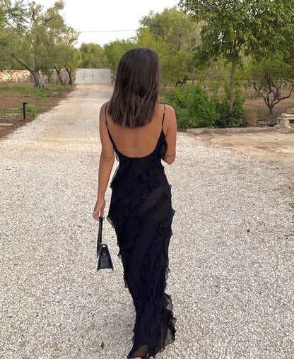 Damen Maxikleid Rüschen Abendkleid Spaghettiträger