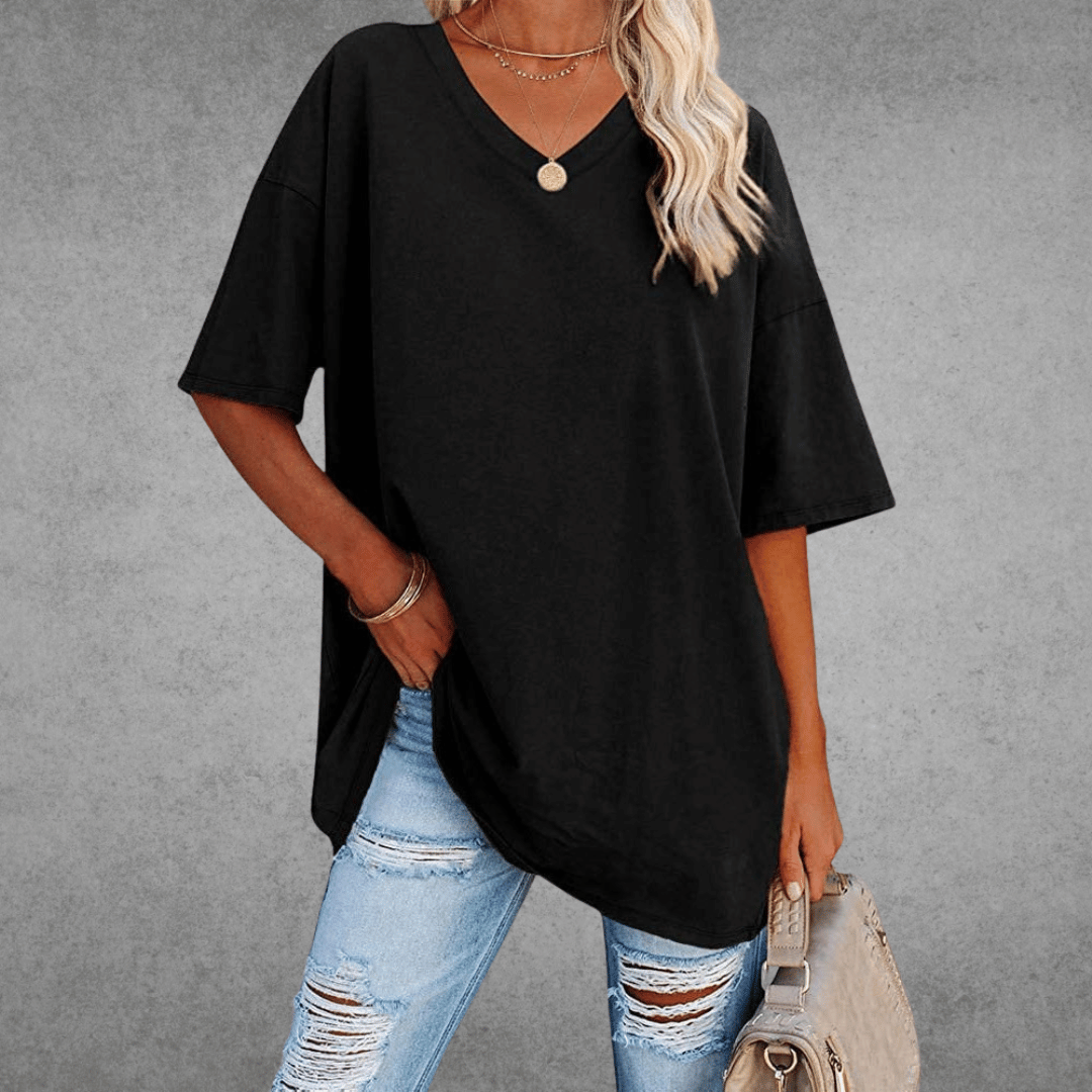 Damen T-Shirt V-Ausschnitt Einfarbig Übergroß - Norvielle