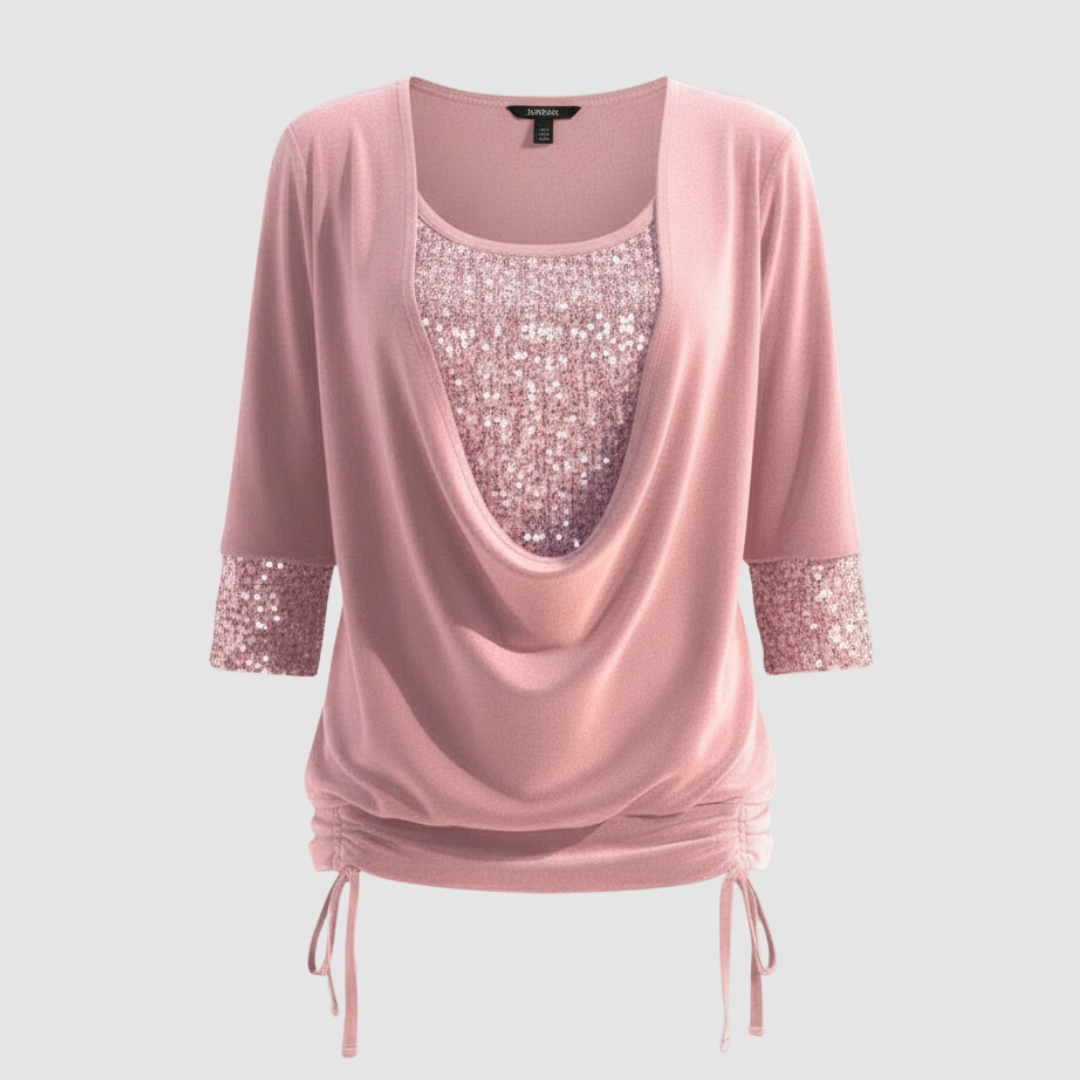 Damen Pailletten Bluse Figurfreundlich Langarm