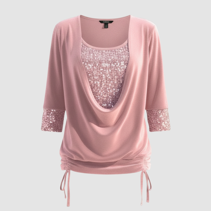 Damen Pailletten Bluse Figurfreundlich Langarm
