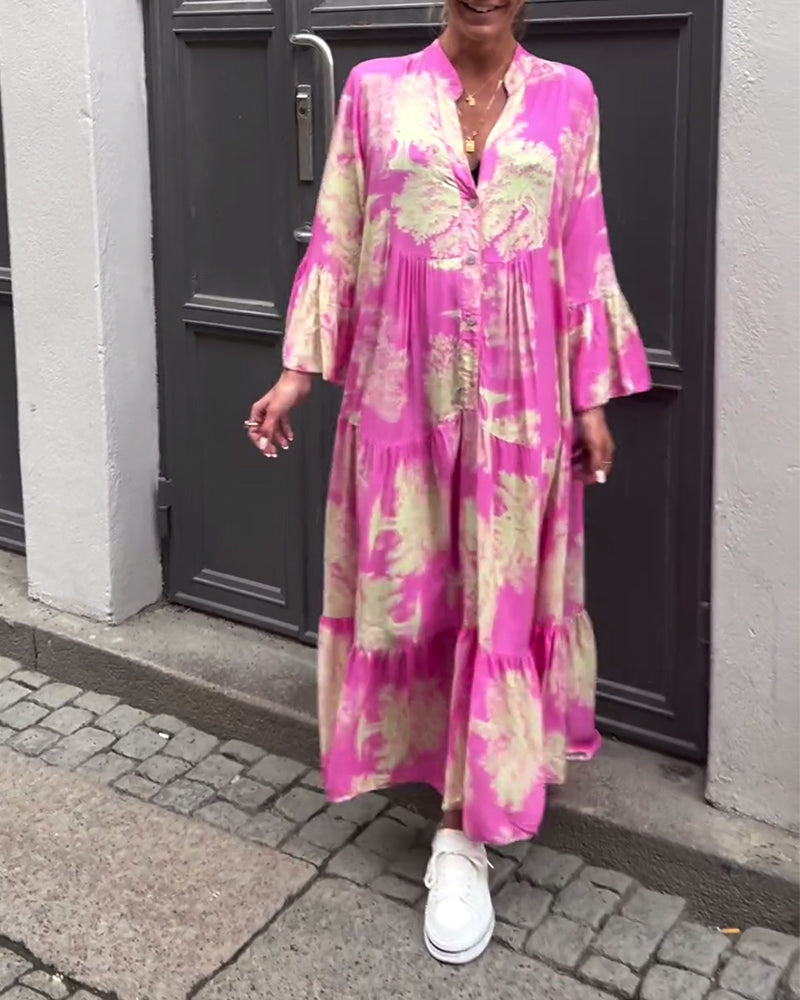 Damen Maxi-Kleid mit Blumenprint Volantärmeln Stehkragen Leicht