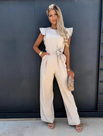 Eleganter Damen Jumpsuit mit Schmetterlingsärmeln und Bindegürtel - Norvielle