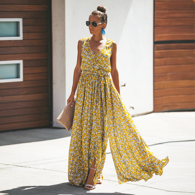 Damen Ärmelloses Maxikleid Blumenprint Baumwolle Elegant