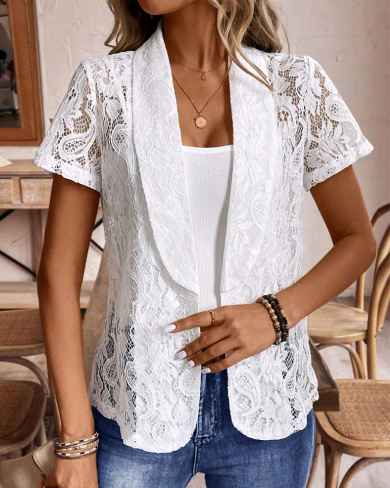 Damen Spitzenblazer Weiß Kurzärmelig