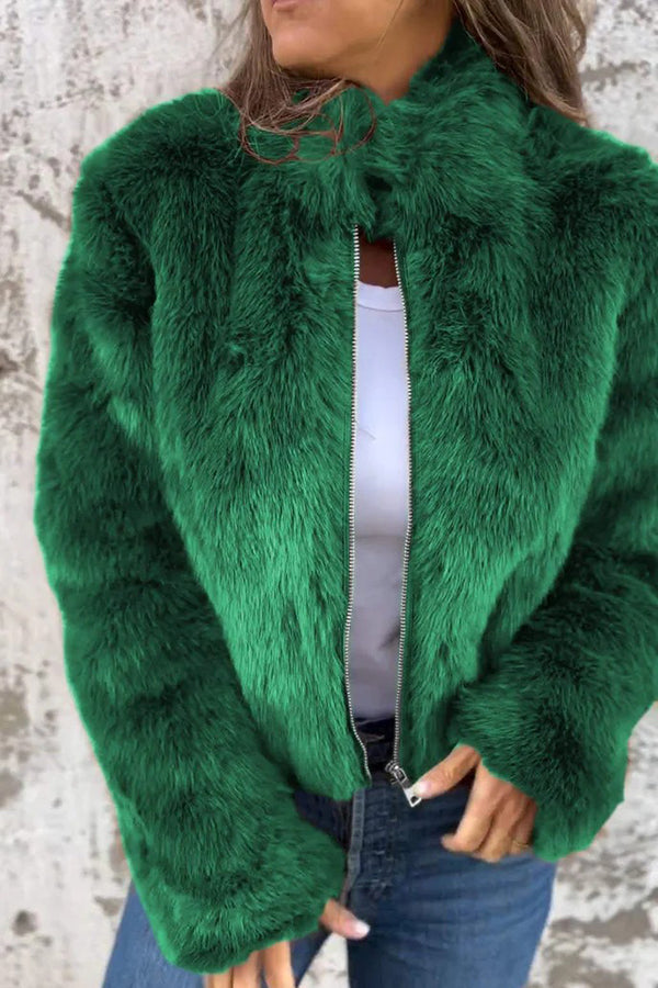 Damen Kunstpelzjacke Rollkragen Reißverschluss