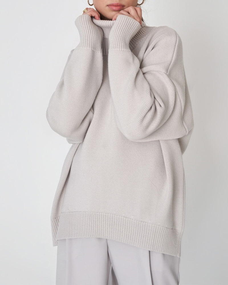 Damen Oversize Pullover Lässig Hochhalter Beige