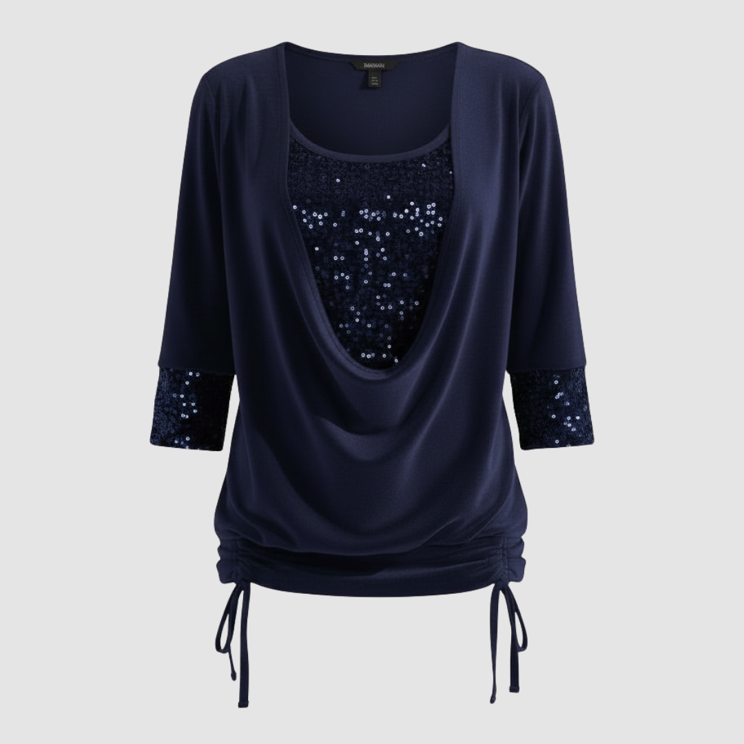 Damen Pailletten Bluse Figurfreundlich Langarm