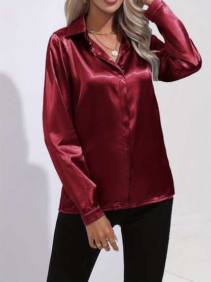 Avelyn Damen Satin-Bluse Reverskragen Knopfleiste Eleganz