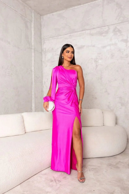Asymmetrisches Damenabendkleid Satin One-Shoulder mit Schlitz