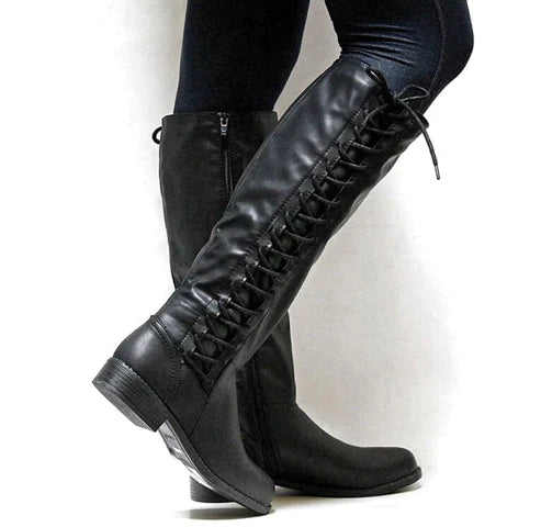 Kniehohe Damenstiefel Kunstleder Schnürung Vorne Flach Schwarz - Norvielle