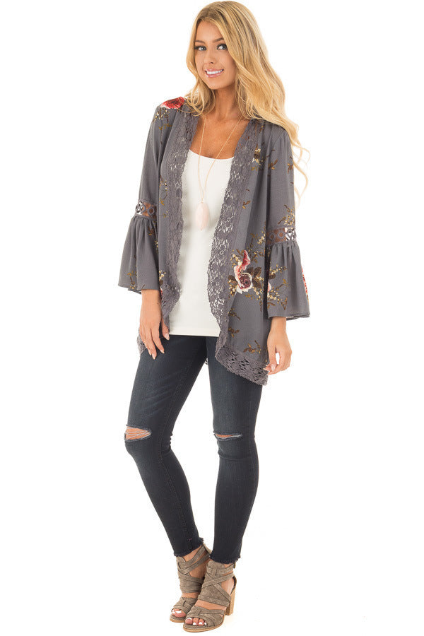 Damen Blumenjacke Gehäkelter Saum Norvielle