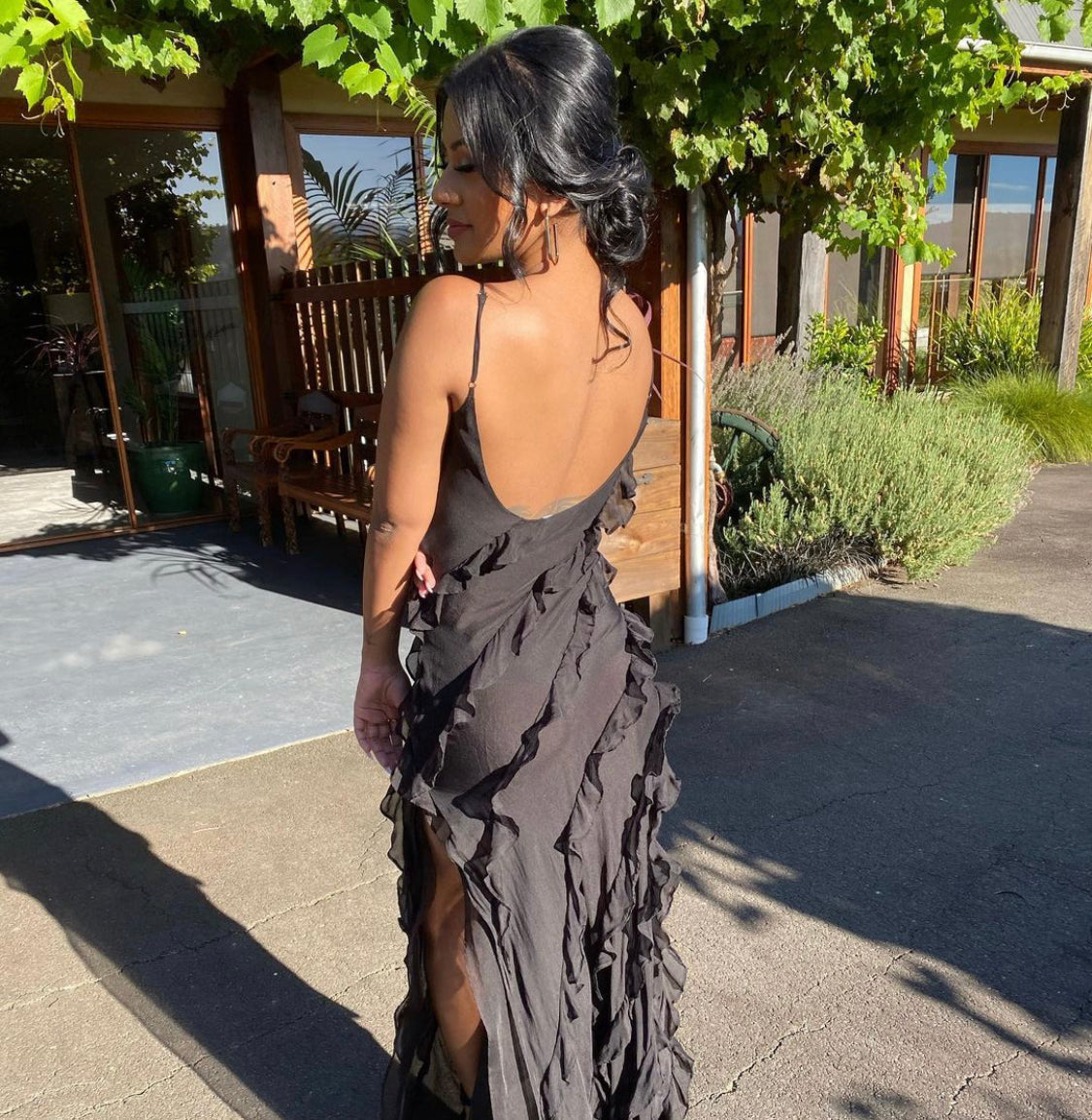 Damen Maxikleid Rüschen Abendkleid Spaghettiträger
