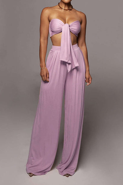 Damen Zweiteiler-Set mit Schleifen-Bandeau und Weitbein-Hose