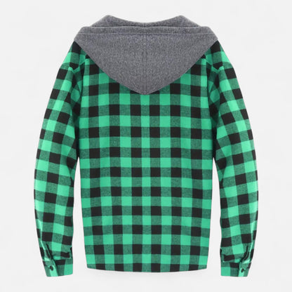Herren Karo-Hoodie mit Knöpfen und Kordelzug