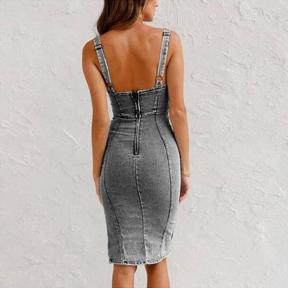 Damen Midikleid Jeans Reißverschluss