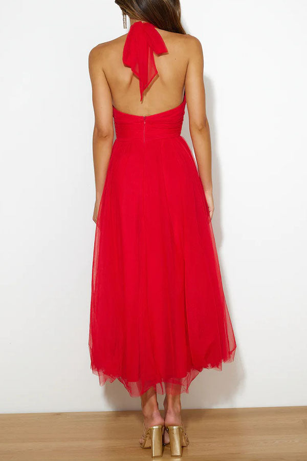 Elegantes Damen Tüllkleid Halterneck Mittellang A-Linie Weiß