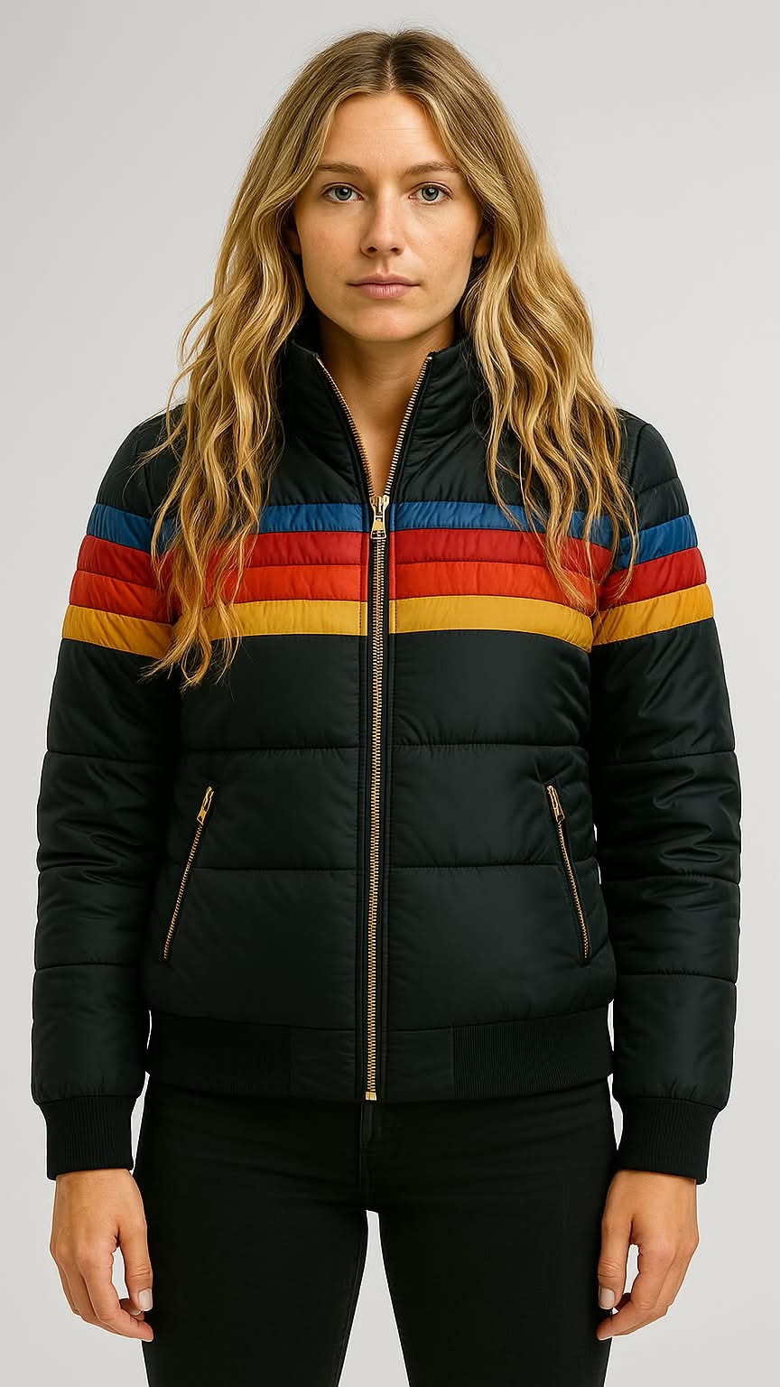 Damen Winterjacke Kapuze Streifenmuster