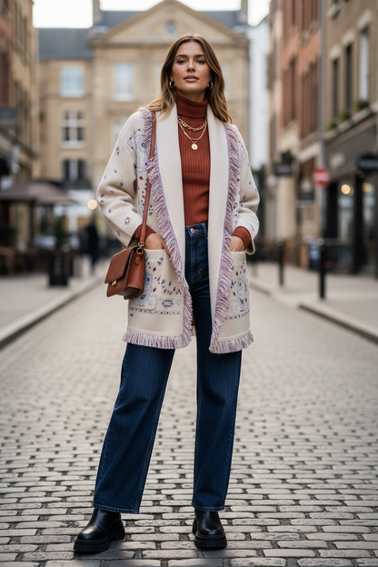 Damen Bandana Cardigan Mit Fransen Muster Warm