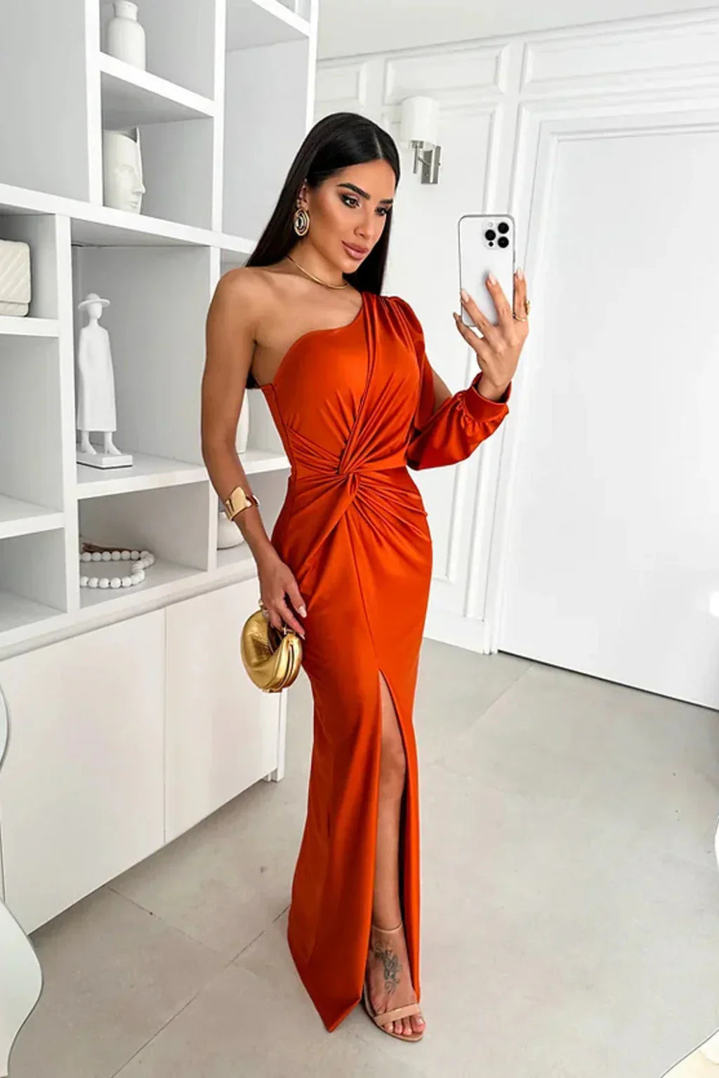 Asymmetrisches Damenabendkleid Satin One-Shoulder mit Schlitz