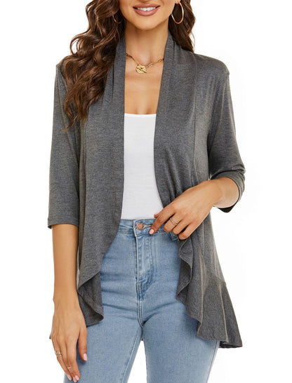 Norvielle Damen Strickjacke Einfarbig 3/4 Ärmel Rüschenrand
