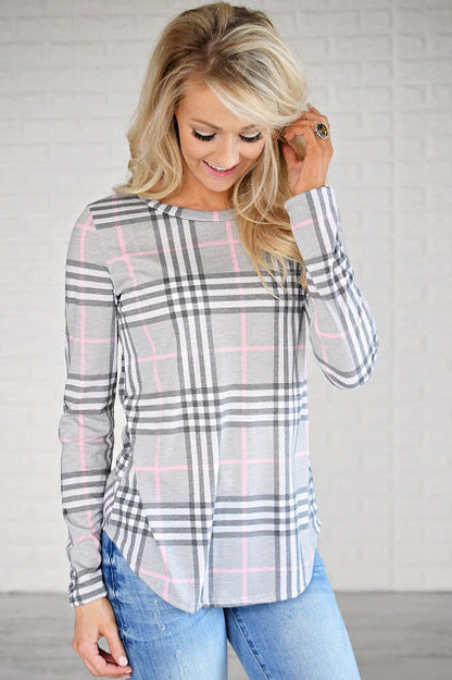 Damen Langarmshirt Karomuster Seitenschlitze Norvielle - Norvielle
