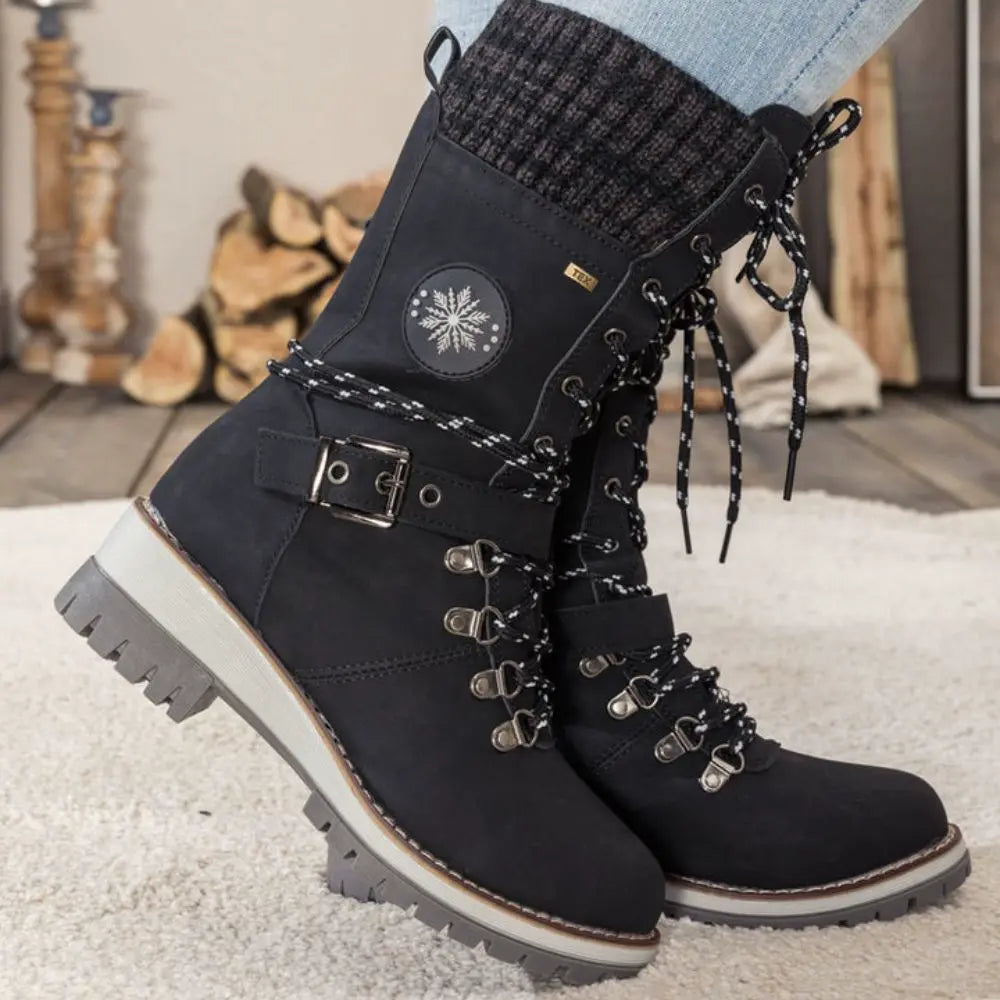 Damen Winterstiefel Leder Schnürverschluss Rutschfeste Sohle