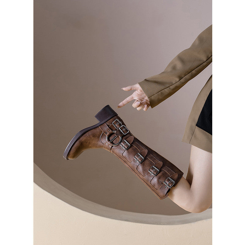 Damen Stiefel Mit Schnalle Chunky Absatz