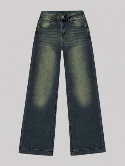 Damen Baggy Jeans Weites Bein Leicht Gewaschen