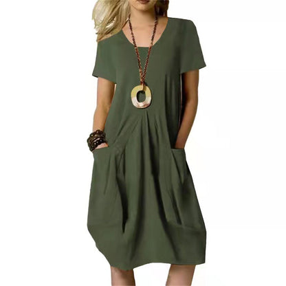 Damen Sommerkleid Rundhals Kurzarm Unifarben mit Taschen