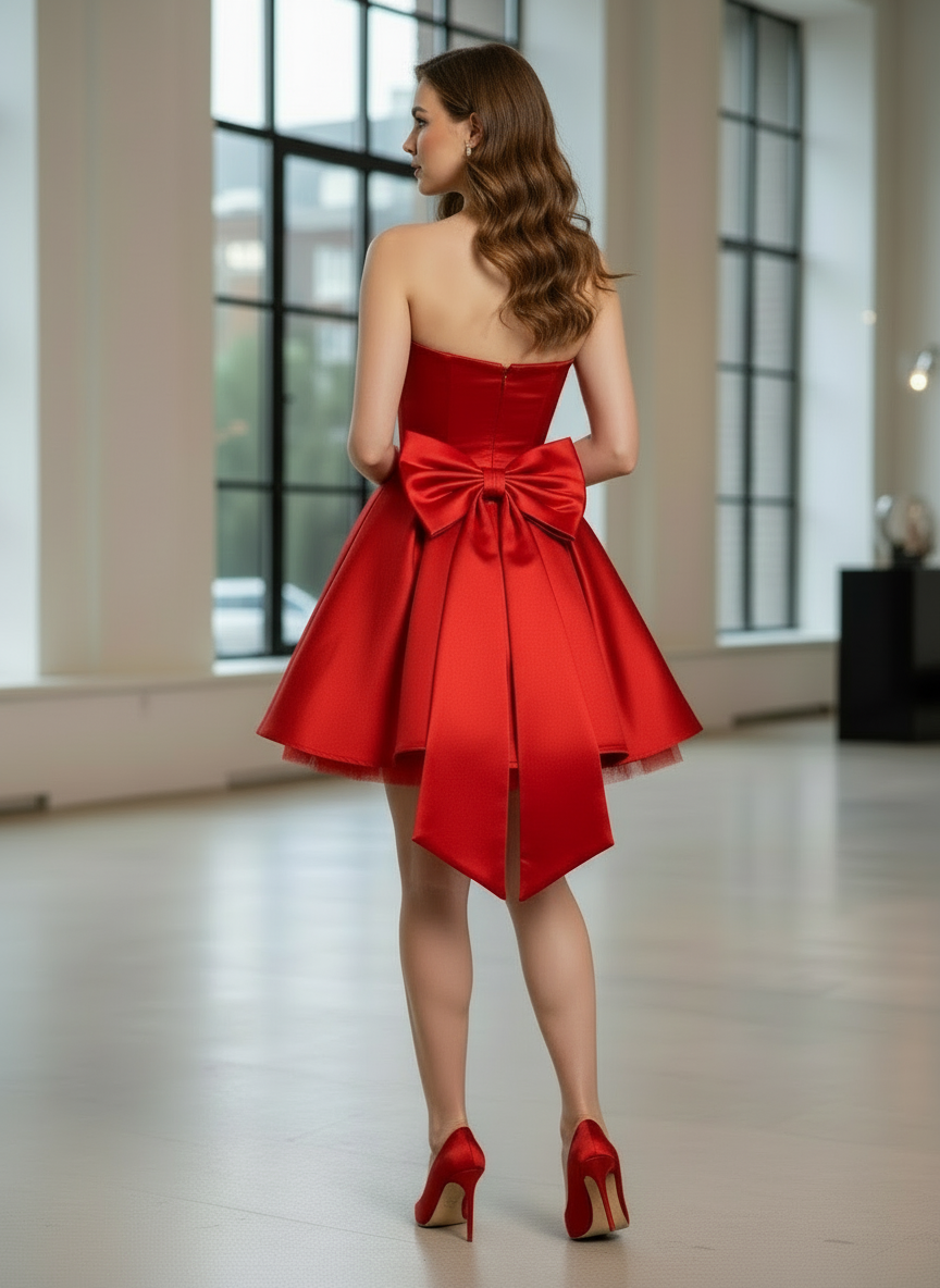 Rotes Damen Minikleid Strapless mit Schleife