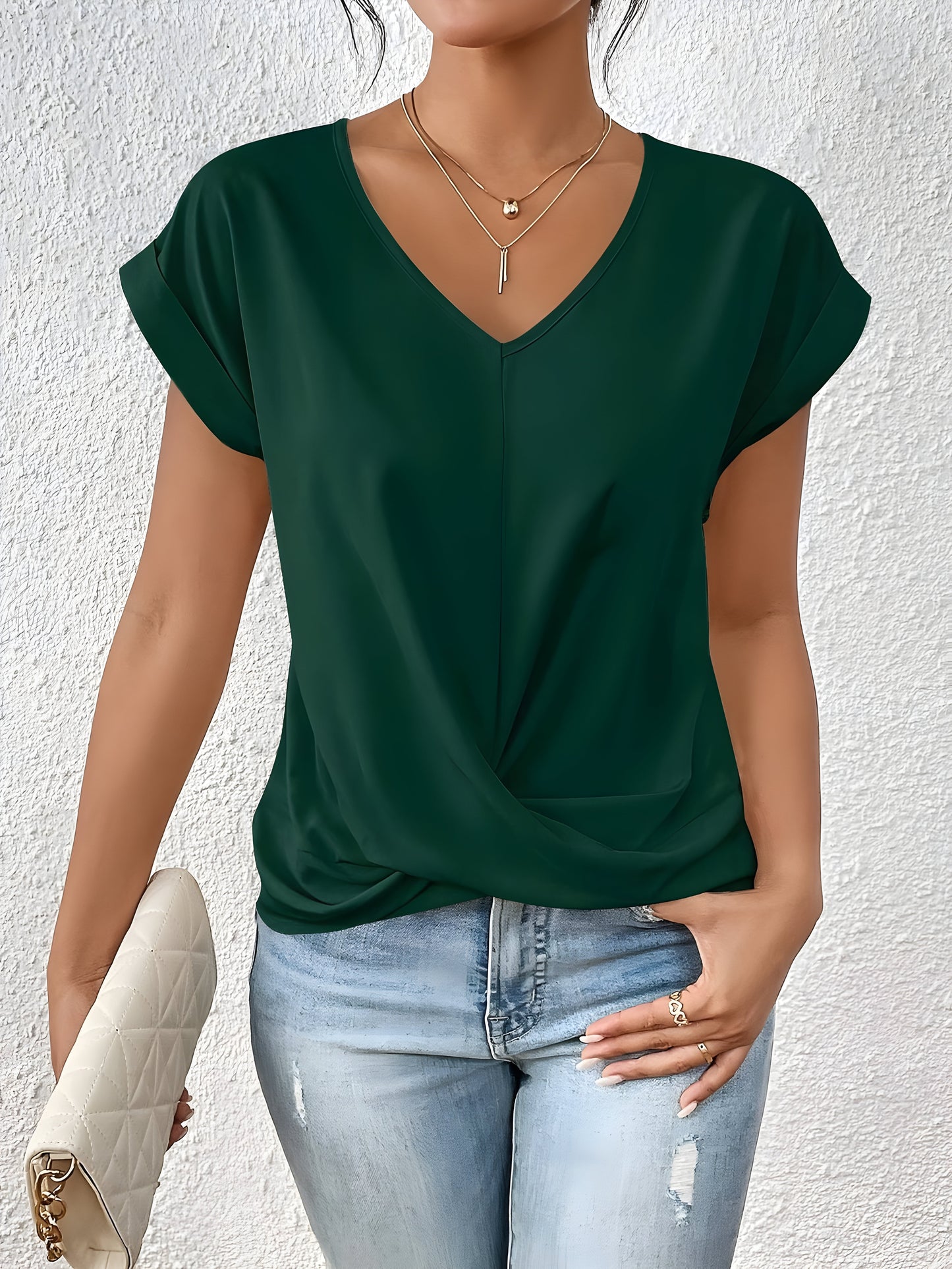 Damen T-Shirt V-Ausschnitt Einfarbig Kurzarm