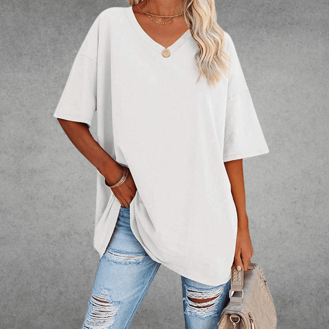 Damen T-Shirt V-Ausschnitt Einfarbig Übergroß