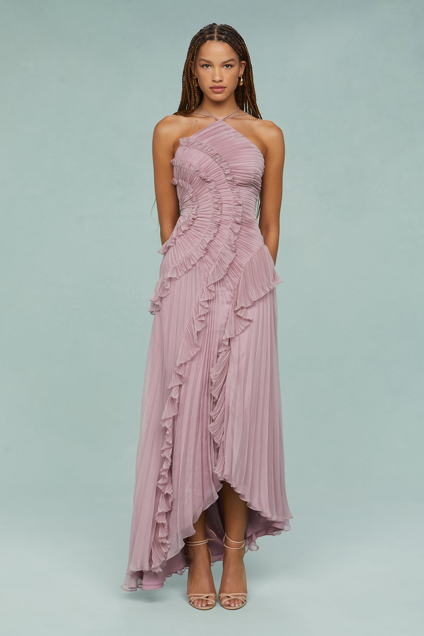 Damen Rüschen Midikleid Gefaltetes Neckholder