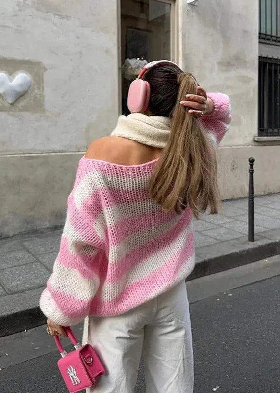Damen Oversize Pullover Streifenmuster Lässig Beige