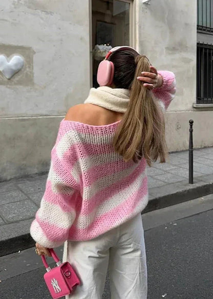 Damen Oversize Pullover Streifenmuster Lässig Beige