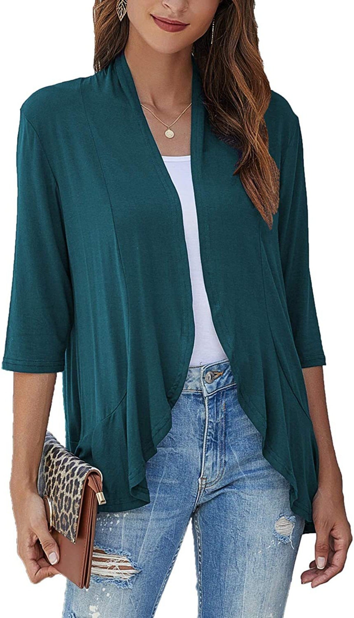 Norvielle Damen Strickjacke Einfarbig 3/4 Ärmel Rüschenrand