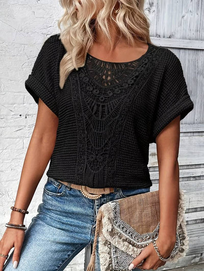 Norvielle Damen T-Shirt Spitzenspleiß Rundhals Weiss