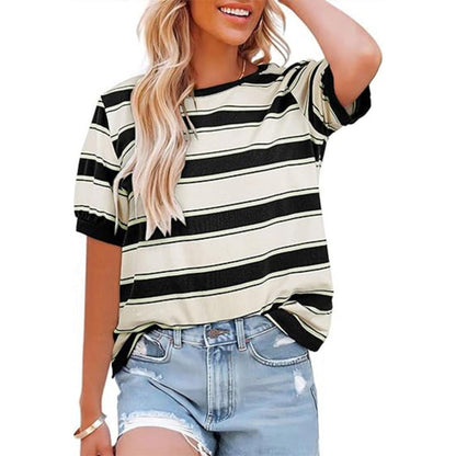 Damen Gestreiftes T-Shirt Rundhalsausschnitt Baumwolle