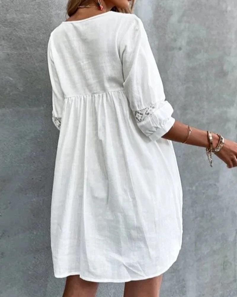 Einfaches Damen Spitzenkleid V-Ausschnitt Dreiviertelärmel