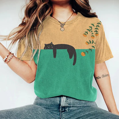 Damen Kreatives T-Shirt mit Katzen-Motiv Baumwolle