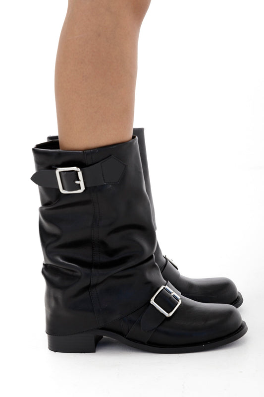 Damen Stiefeletten Schnalle Blockabsatz Schwarz - Norvielle