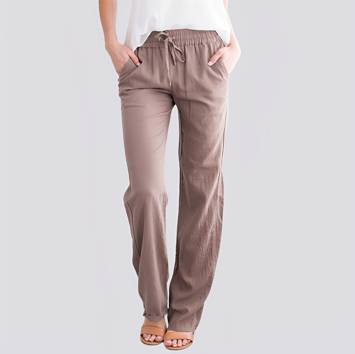 Damen Hose Elastischer Bund Leicht Beige