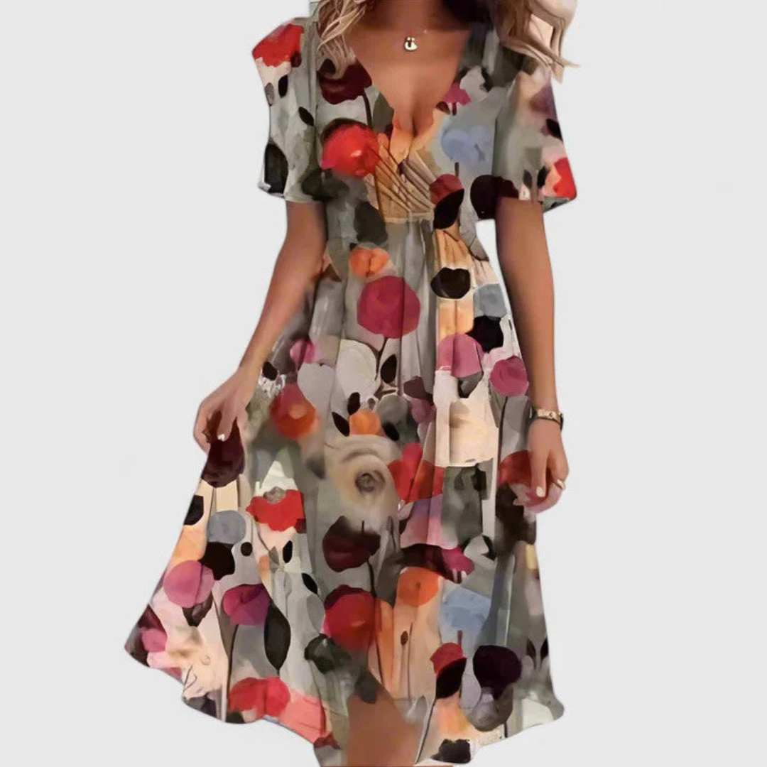 Damen Blumen Midi Kleid V-Ausschnitt