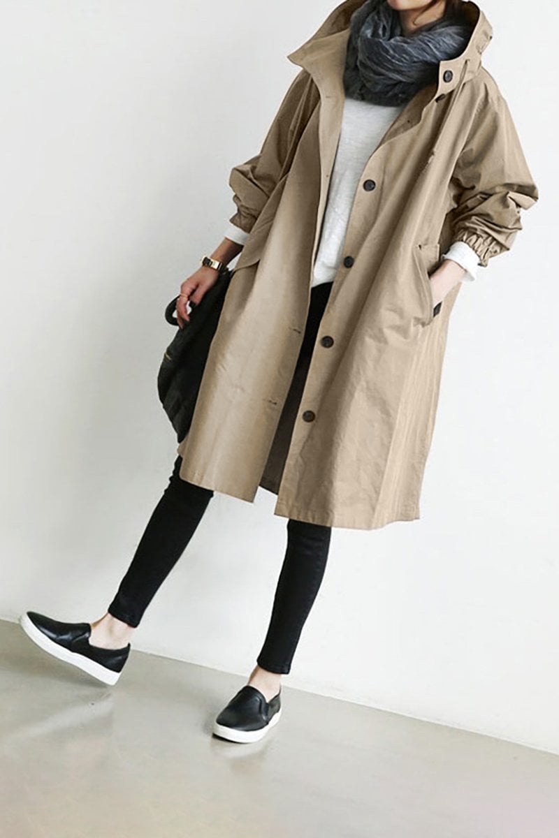 Damen Trenchcoat Lang Mit Kapuze