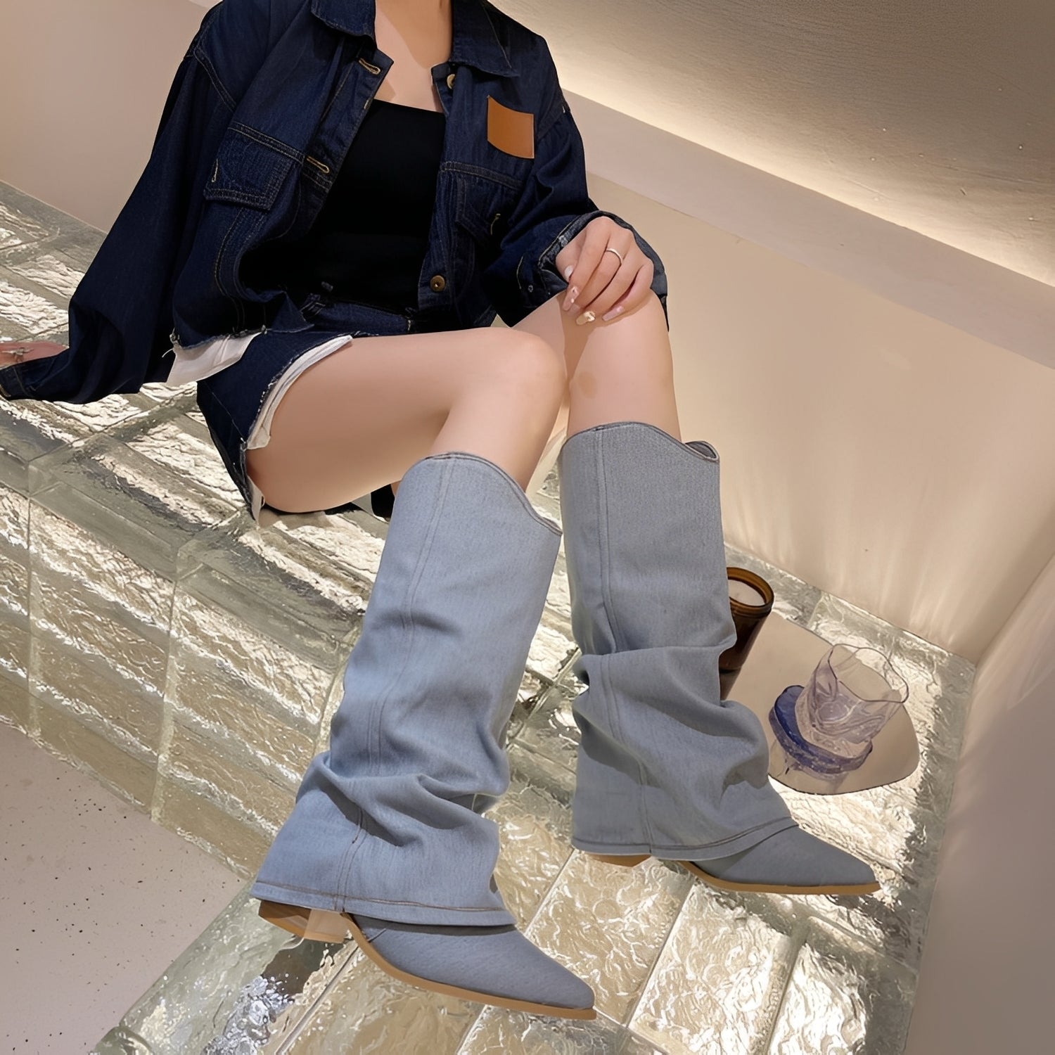Damen Ritterstiefel Denim Blau - Norvielle