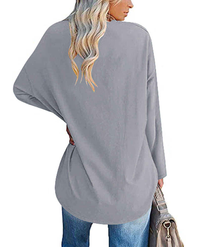 Norvielle Damen Langarm T-Shirt V-Ausschnitt Einfarbig