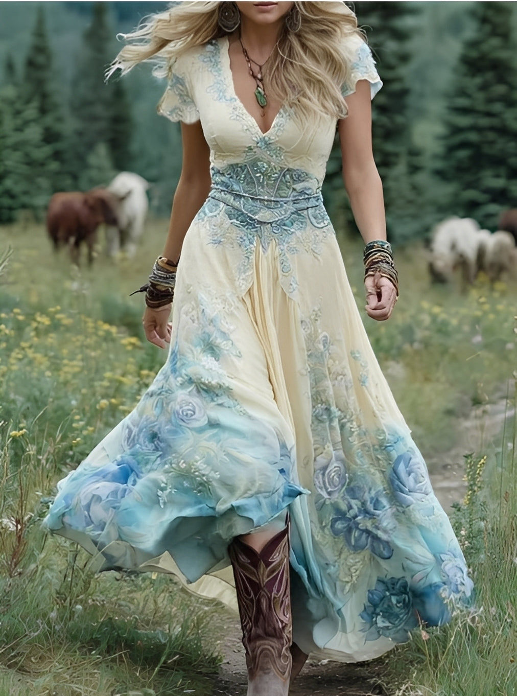 Damen Maxikleid Blumendesign Baumwolle Lang - Norvielle