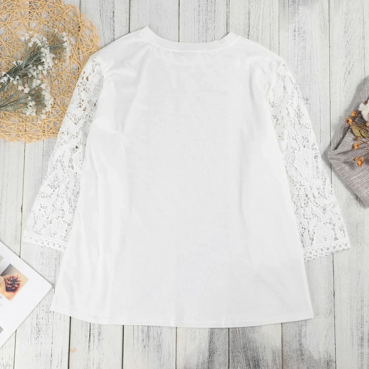 Damen Oversize-Shirt Weiß Spitzen-Ärmel Rundhals