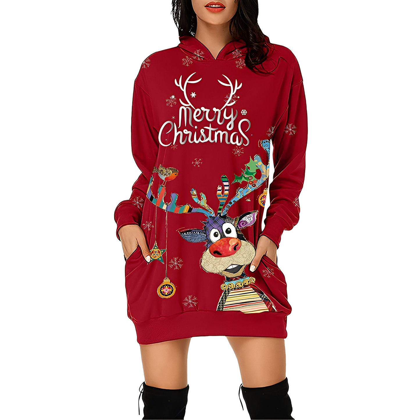 Damen Weihnachtskleid Kapuze Print